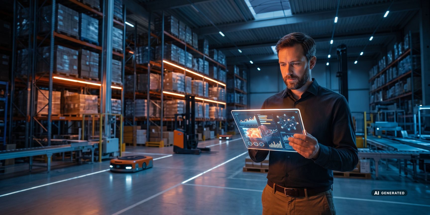 A logistics manager checks digital SLA metrics on a tablet in a modern logistics hall. Efficient data control in warehouse logistics.